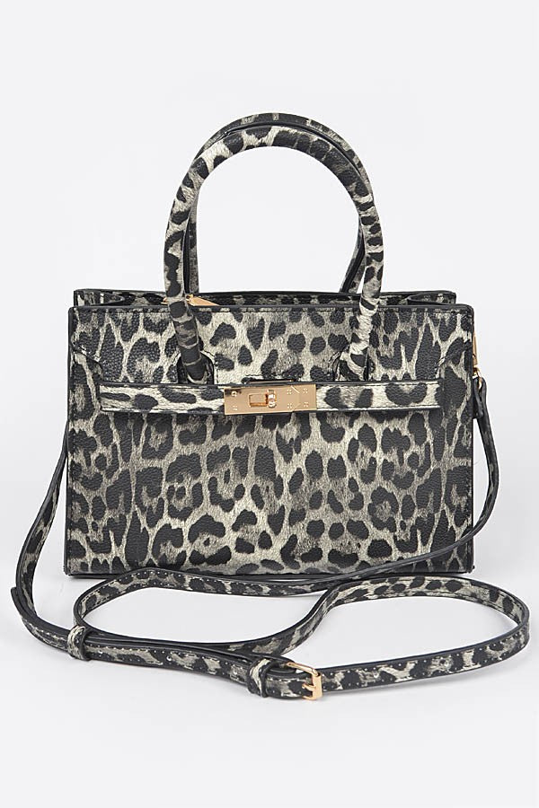 Grey leopard print handbag with dual top handles and a detachable shoulder strap.