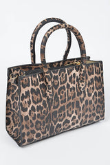 Back view of leopard print handbag with double top handles, showing the structured design.