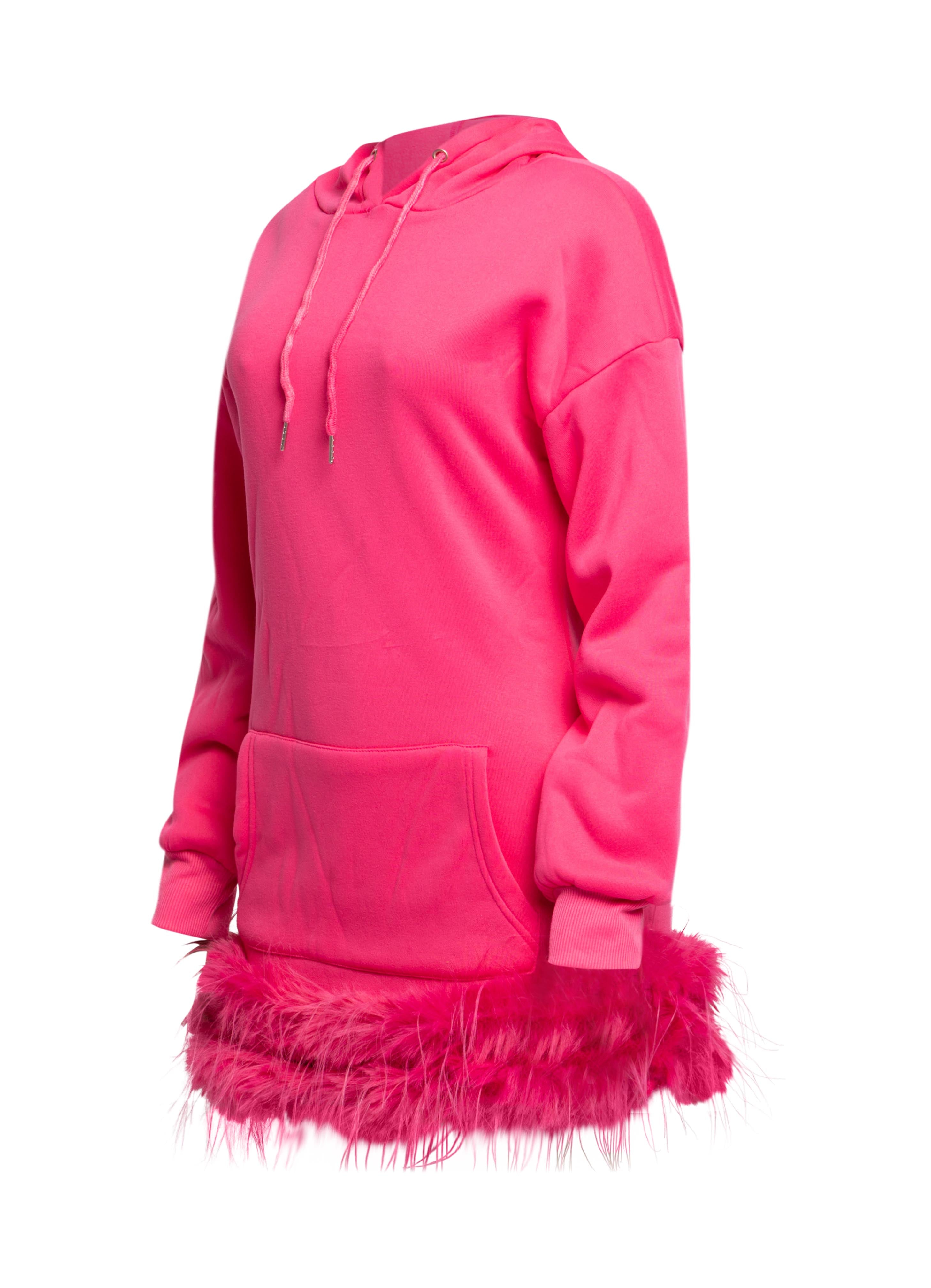 Pink Fur Hem Hoodie Dress