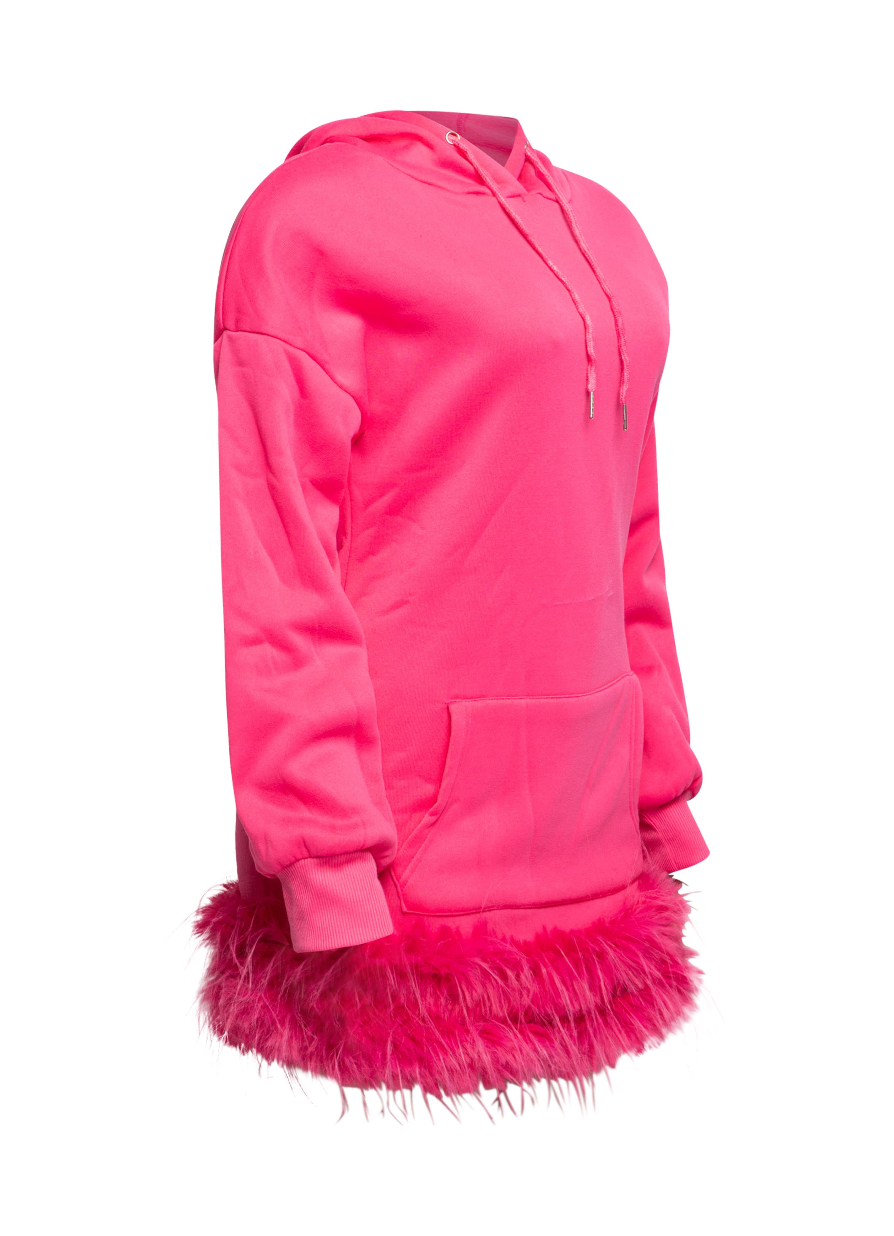 Pink Fur Hem Hoodie Dress