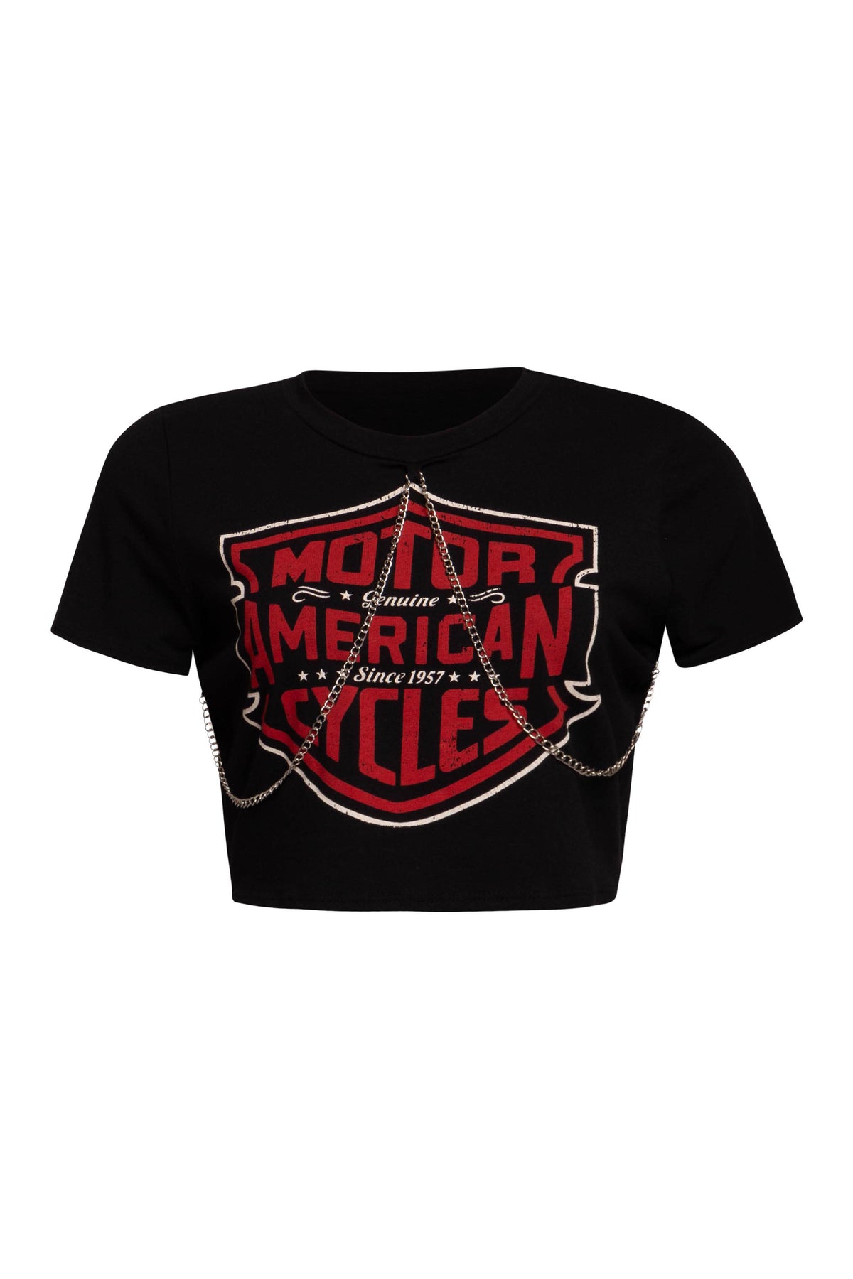 Front view of a black cropped t-shirt with red 'Motor American Cycles' graphic and silver chain trim.