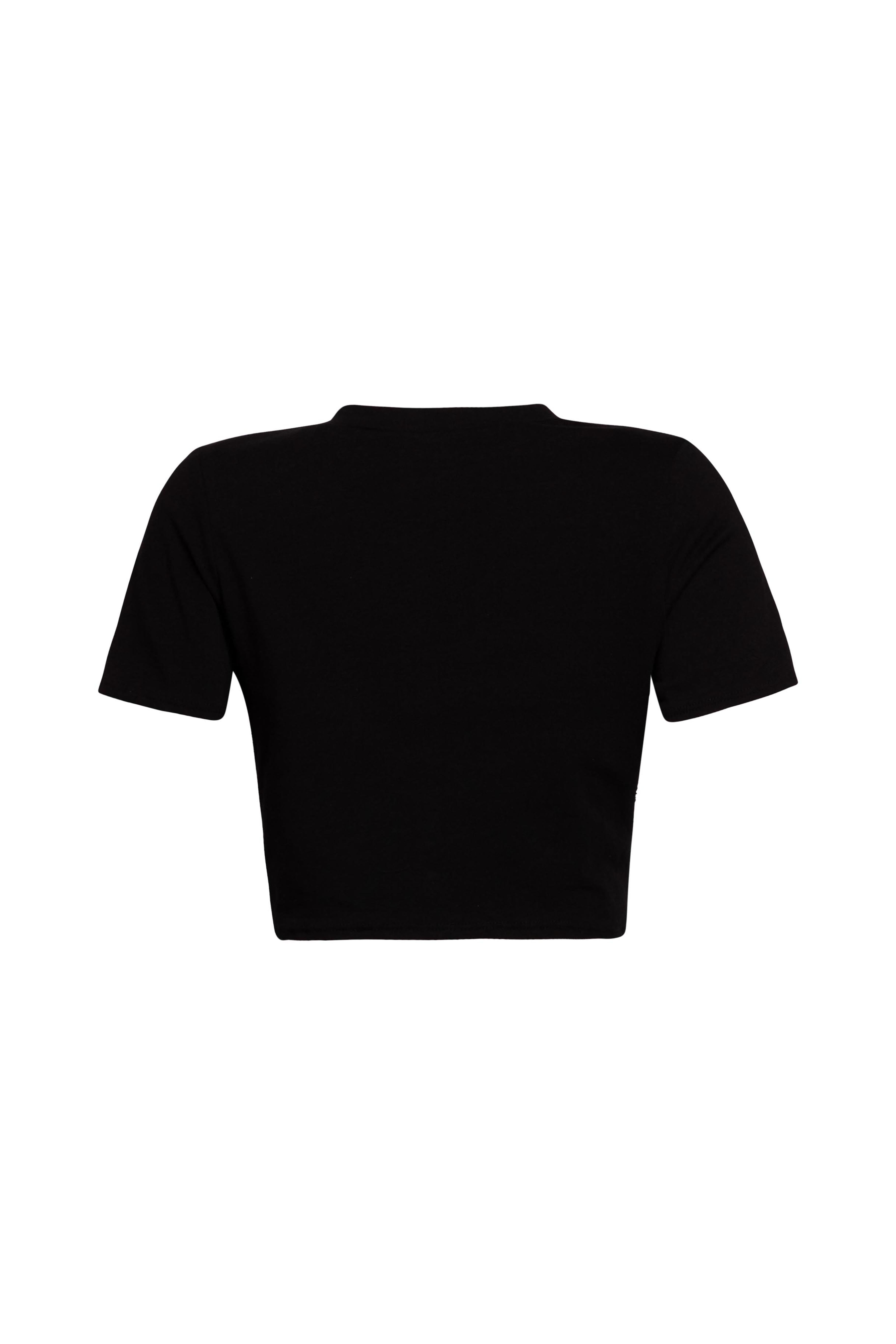 Back view of a plain black cropped t-shirt without graphic or chain embellishments.