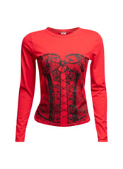  Red Bogomore Lace Corset Long Sleeve Top with white lace corset design - front view.