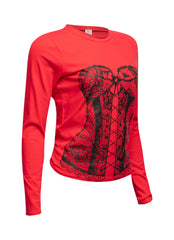 Red Bogomore Lace Corset Long Sleeve Top with white lace corset design - right side view.