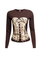  Brown Bogomore Lace Corset Long Sleeve Top with white lace corset design - front view.