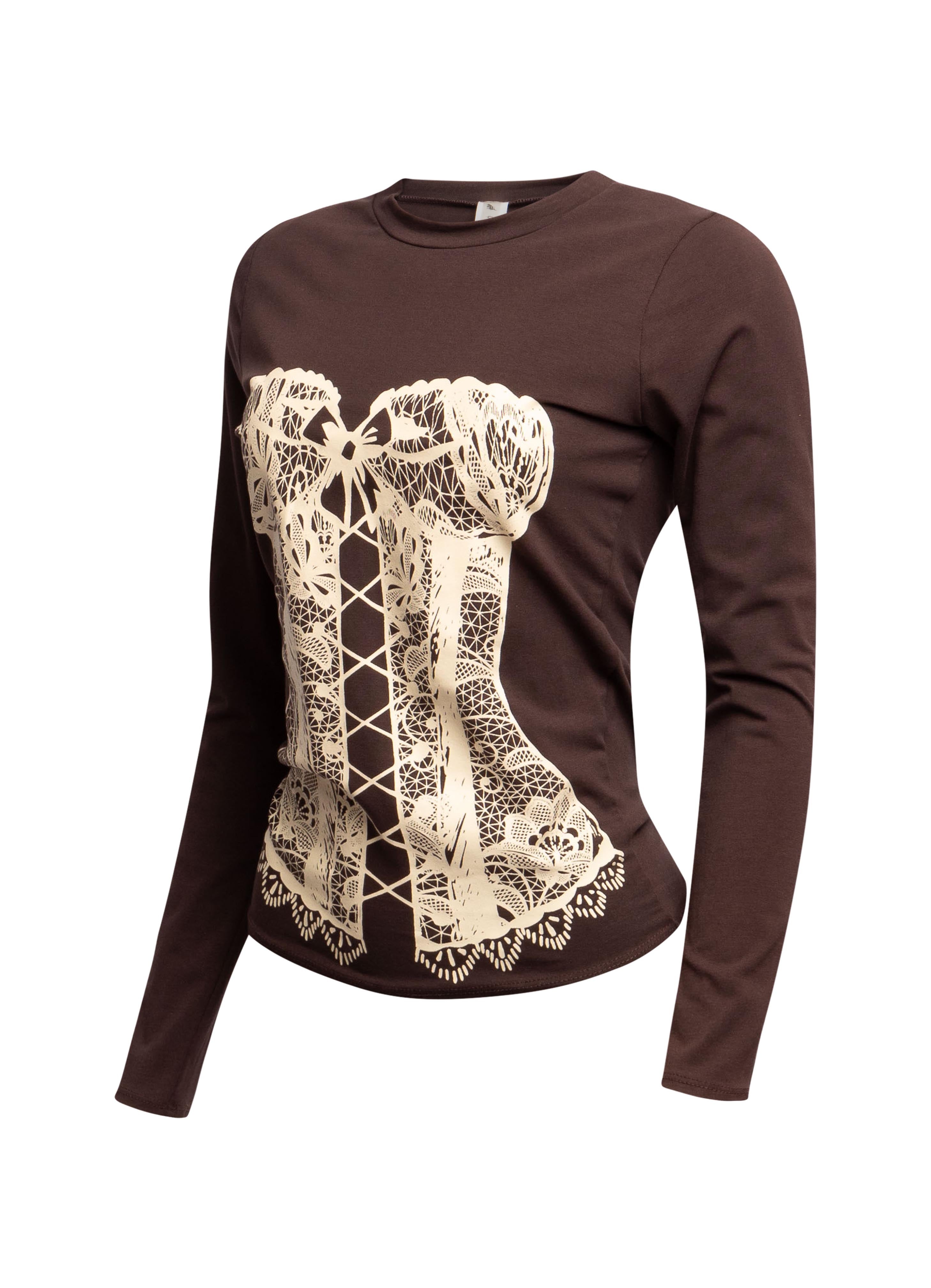 Brown Bogomore Lace Corset Long Sleeve Top with white lace corset design - left side view.