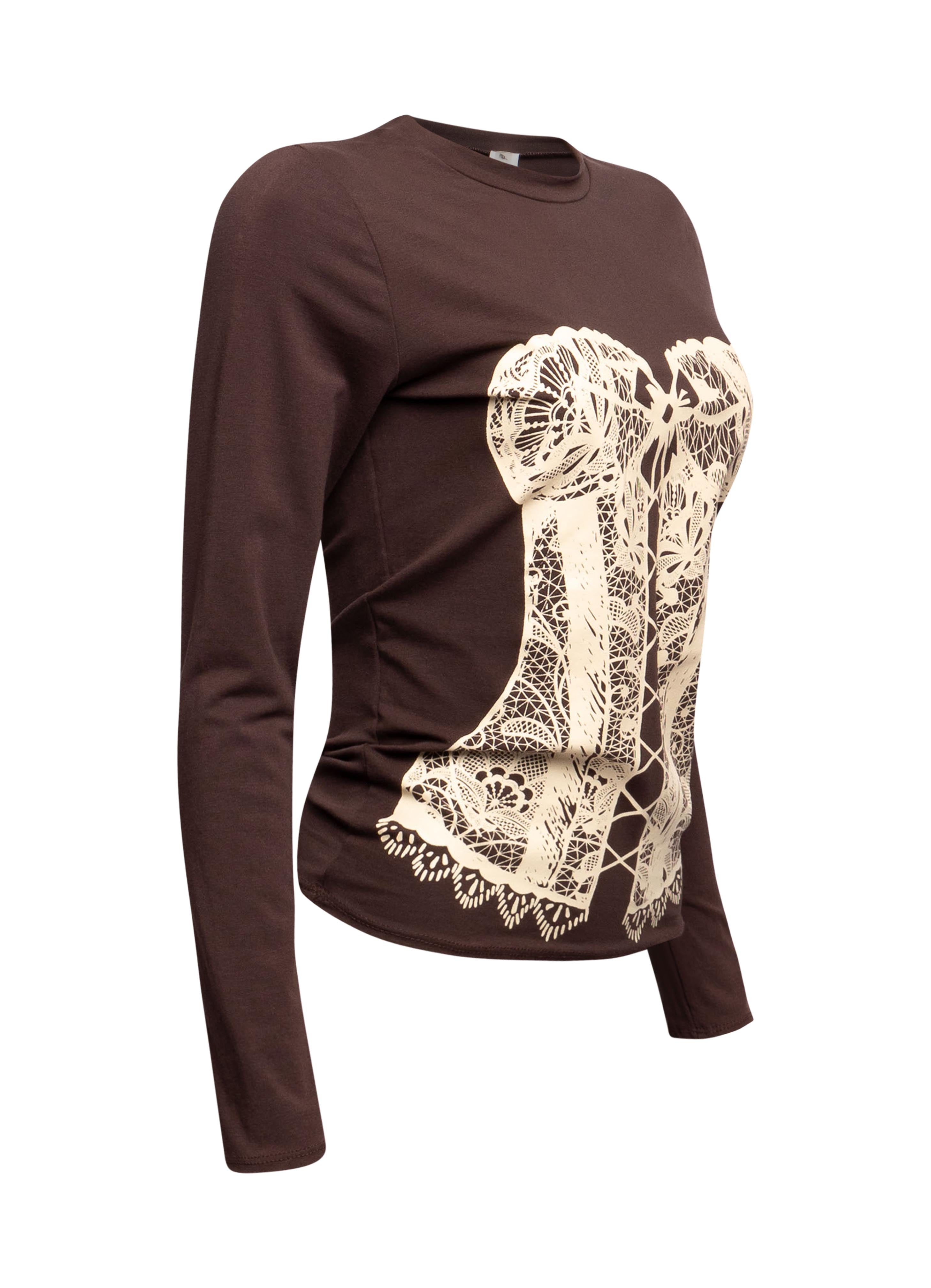 Brown Bogomore Lace Corset Long Sleeve Top with white lace corset design - right side view.