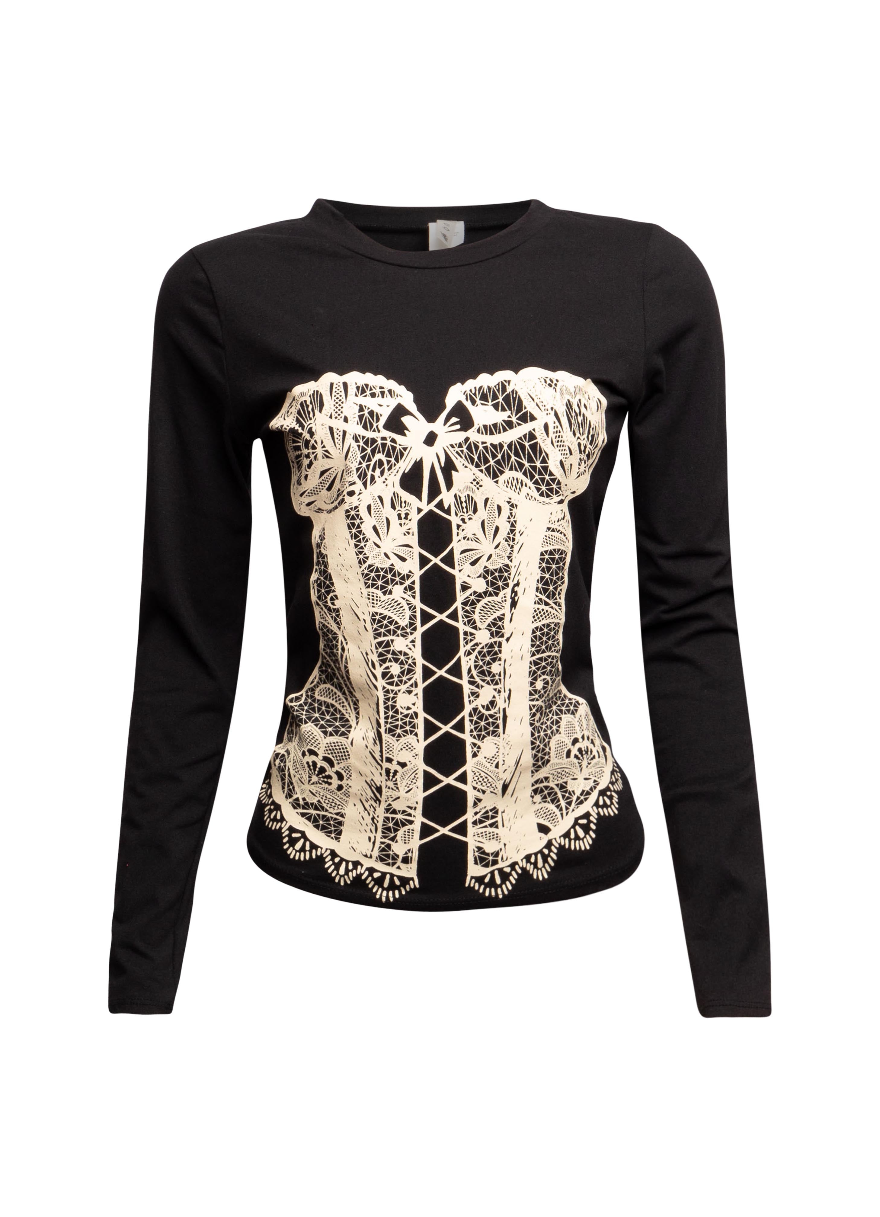 Black Bogomore Lace Corset Long Sleeve Top with white lace corset design - front view.