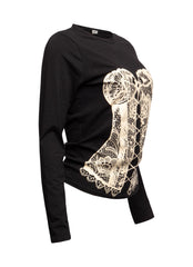 Black Bogomore Lace Corset Long Sleeve Top with white lace corset design - left side view.