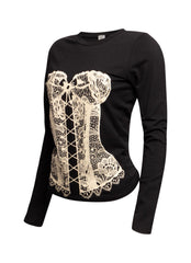 Black Bogomore Lace Corset Long Sleeve Top with white lace corset design - right side view.