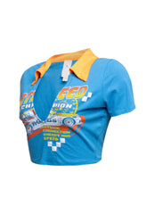 Side view of blue racing-themed graphic shirt highlighting the sleeve detail and side seam.