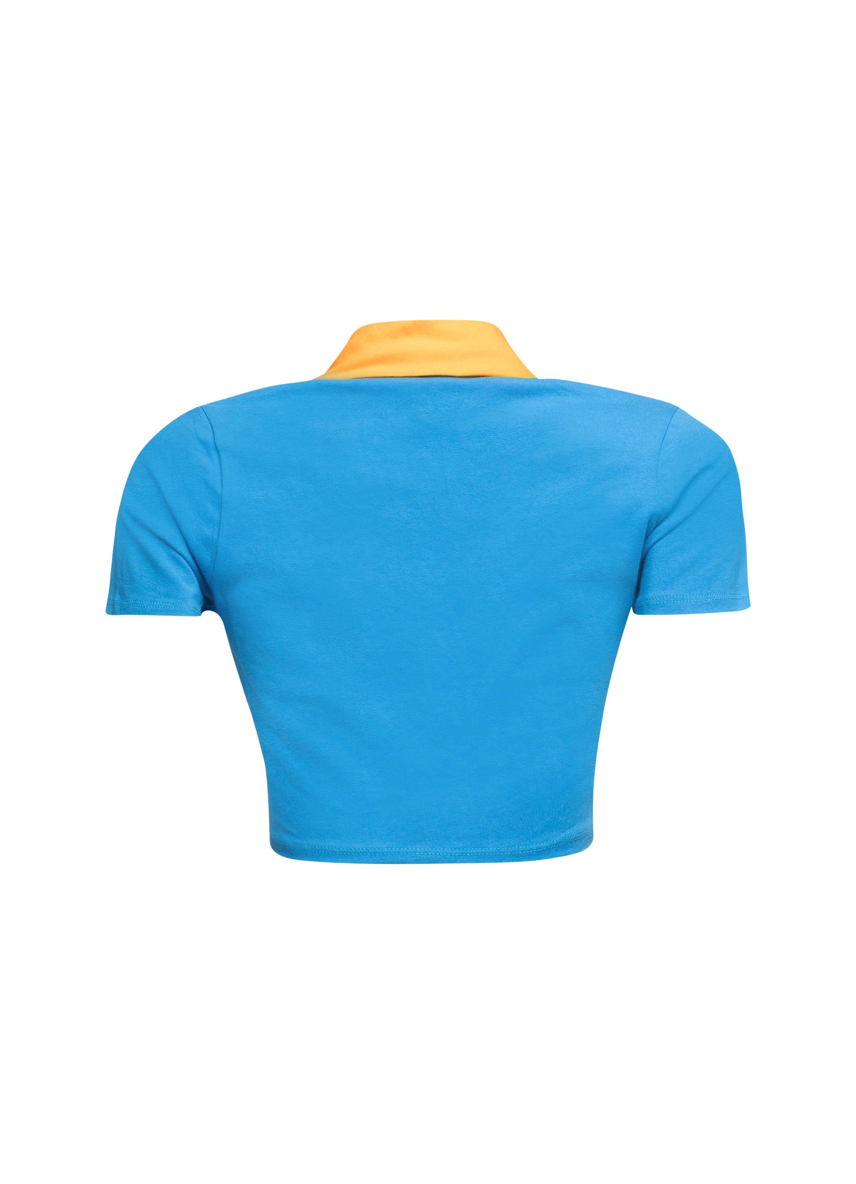 Back view of blue racing-themed graphic shirt showcasing clean design and comfortable fit.