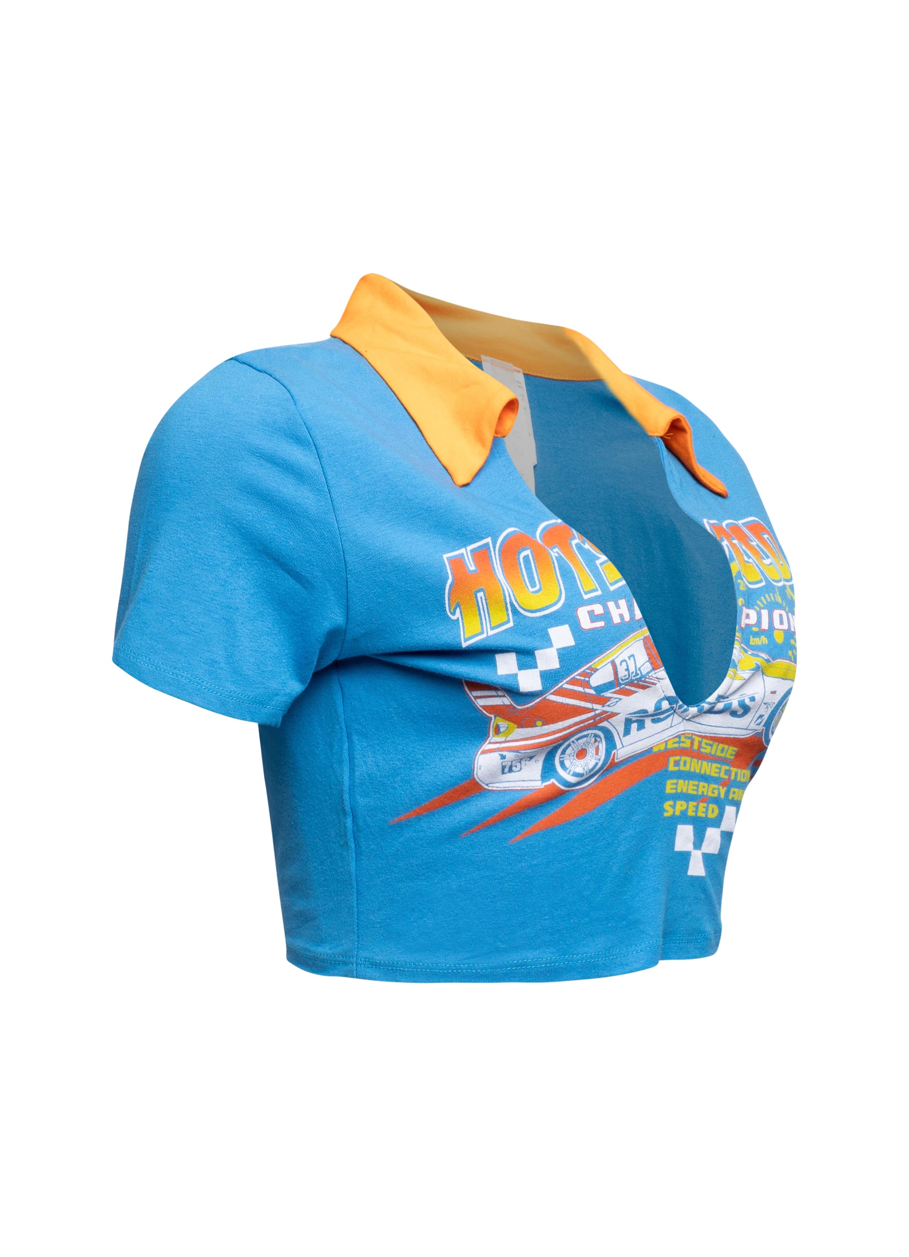 Right side view of blue graphic tee featuring racing print and contrasting yellow collar.