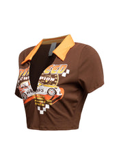 Side view of brown racing-themed graphic shirt highlighting the sleeve detail and side seam.