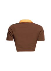 Back view of brown racing-themed graphic shirt showcasing clean design and comfortable fit.