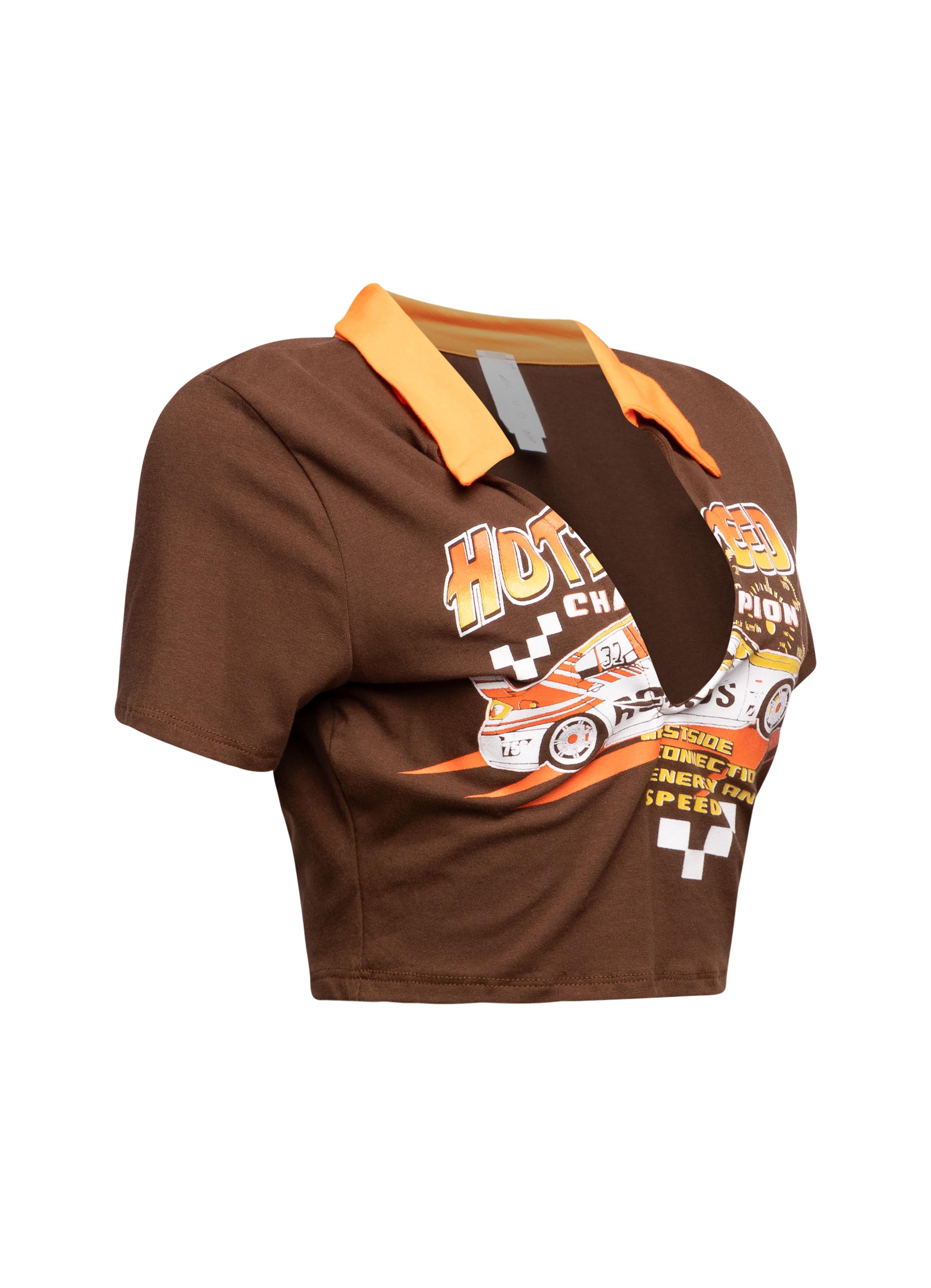 Right side view of brown graphic tee featuring racing print and contrasting yellow collar.