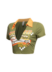 Side view of olive green racing-themed graphic shirt highlighting the sleeve detail and side seam.