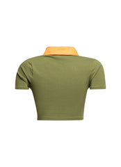 Back view of olive green racing-themed graphic shirt showcasing clean design and comfortable fit.