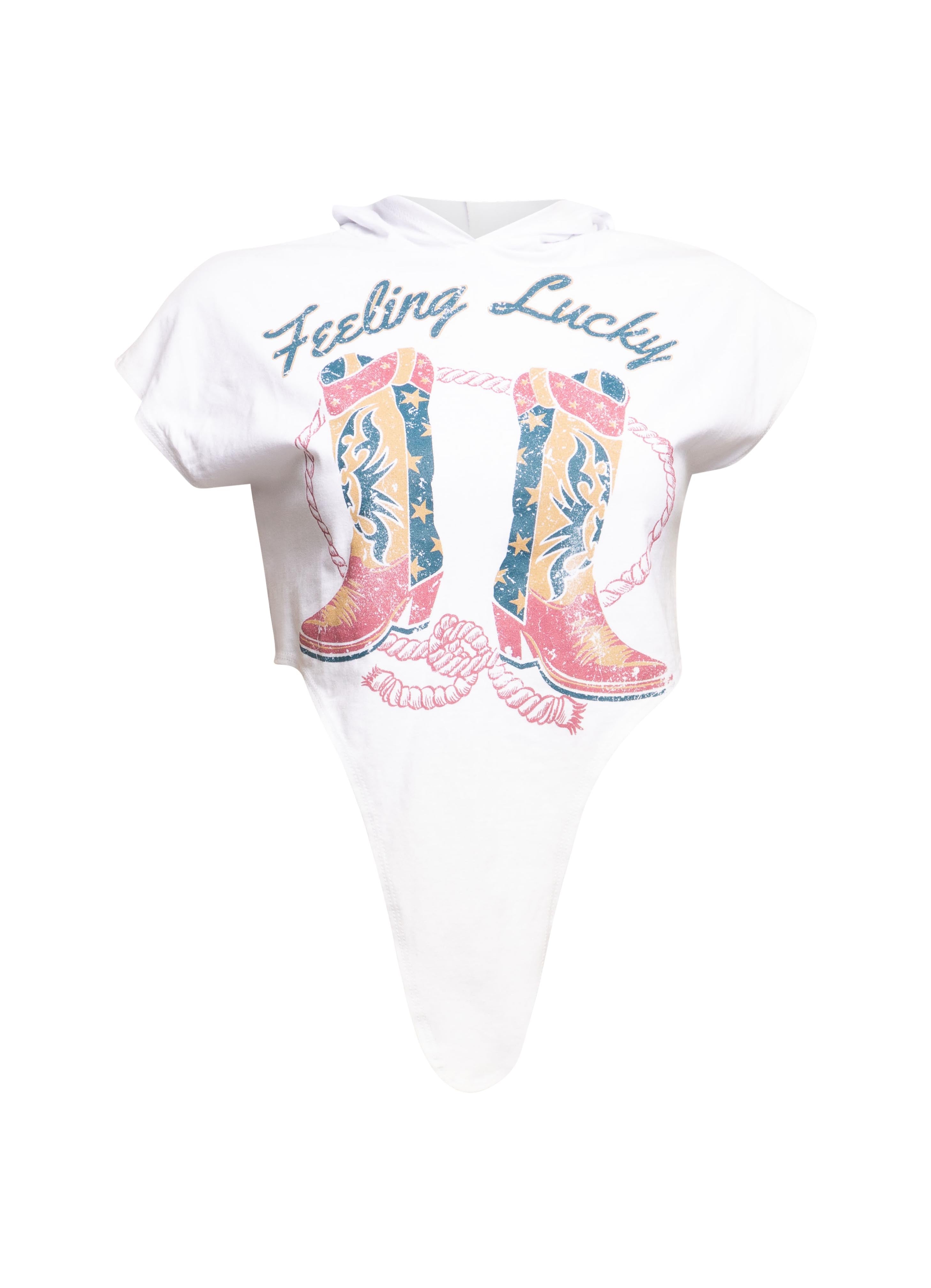 White ‘Feeling Lucky’ T-shirt with colorful cowboy boots graphic on front.