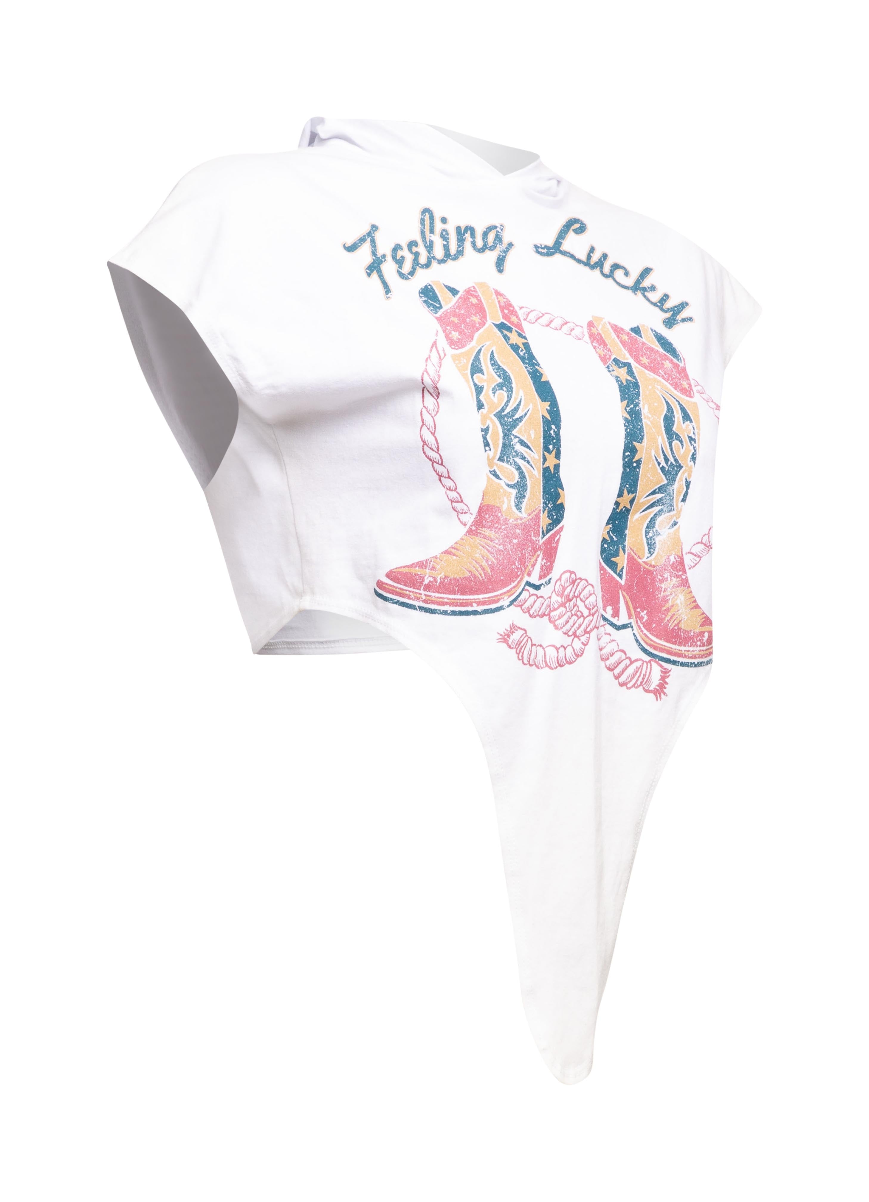 Opposite side view of white ‘Feeling Lucky’ T-shirt showcasing its fit.