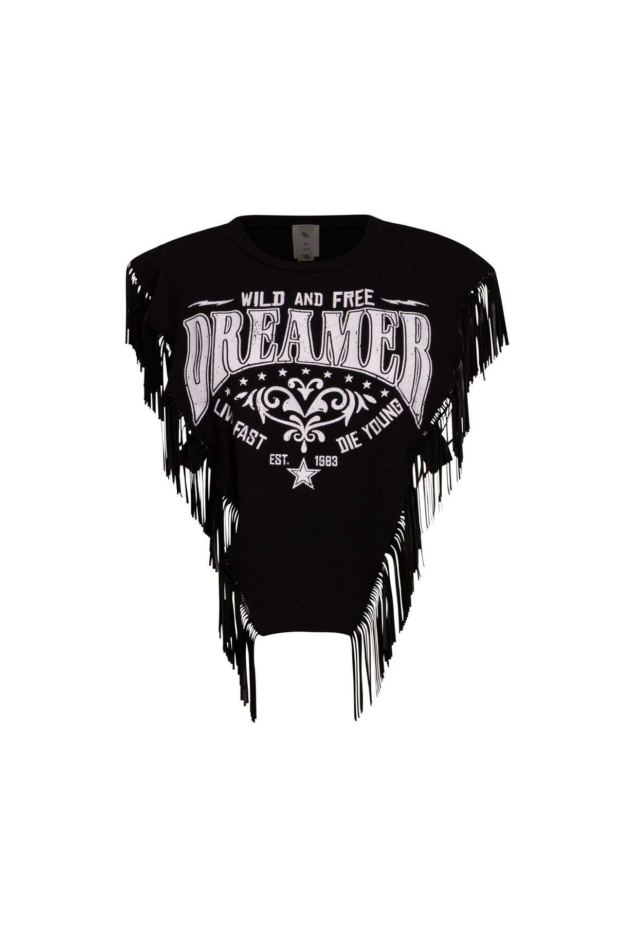 Front view of black fringed graphic t-shirt with 'Wild and Free Dreamer' slogan and white design.