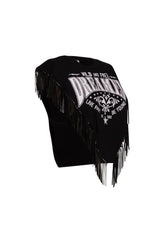 Right side view of black fringed t-shirt showing cascading fringe trim and 'Dreamer' graphic.