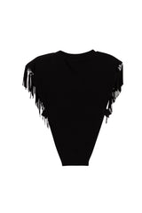 Back view of plain black t-shirt with faux-leather fringe on the sides.