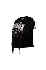 Left side view of fringed black graphic t-shirt with faux-leather fringe details and bold white slogan.