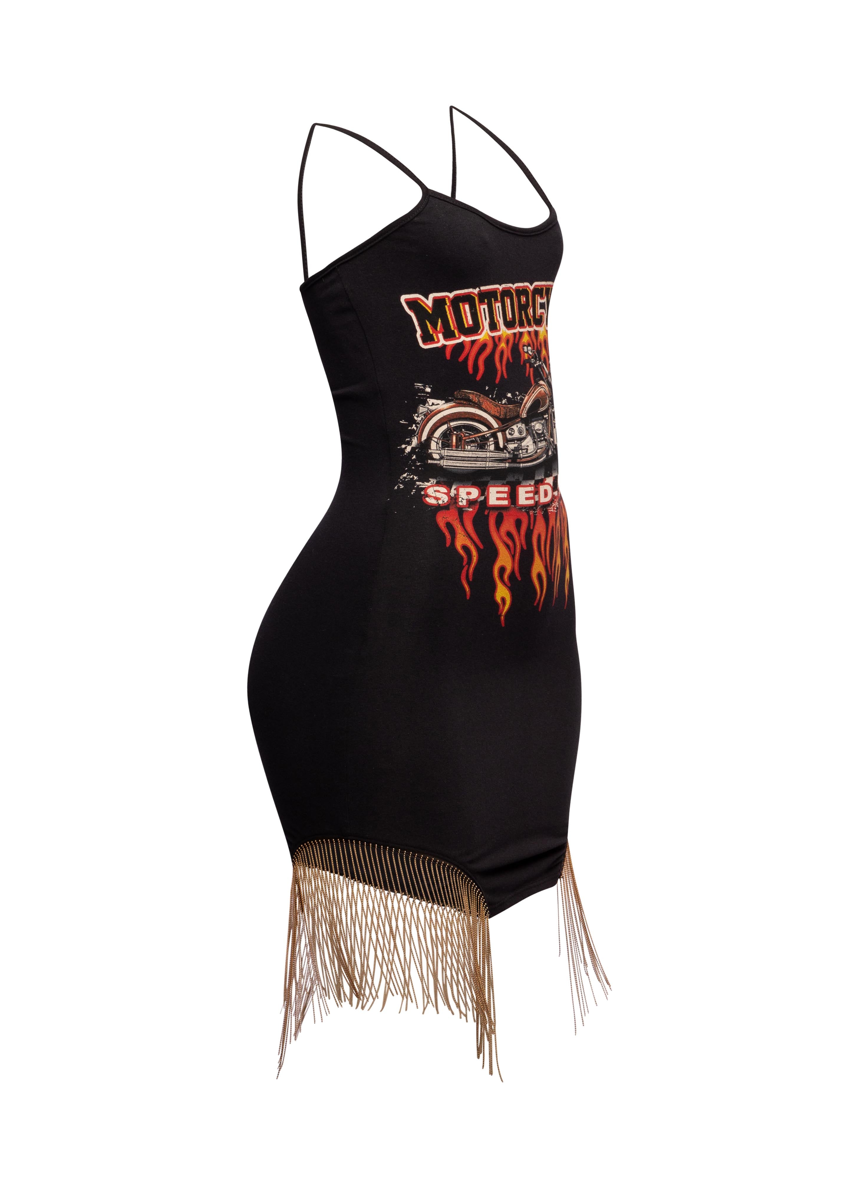 Side view of black ‘Bogomore’ bodysuit highlighting spaghetti straps and side fringe detail.