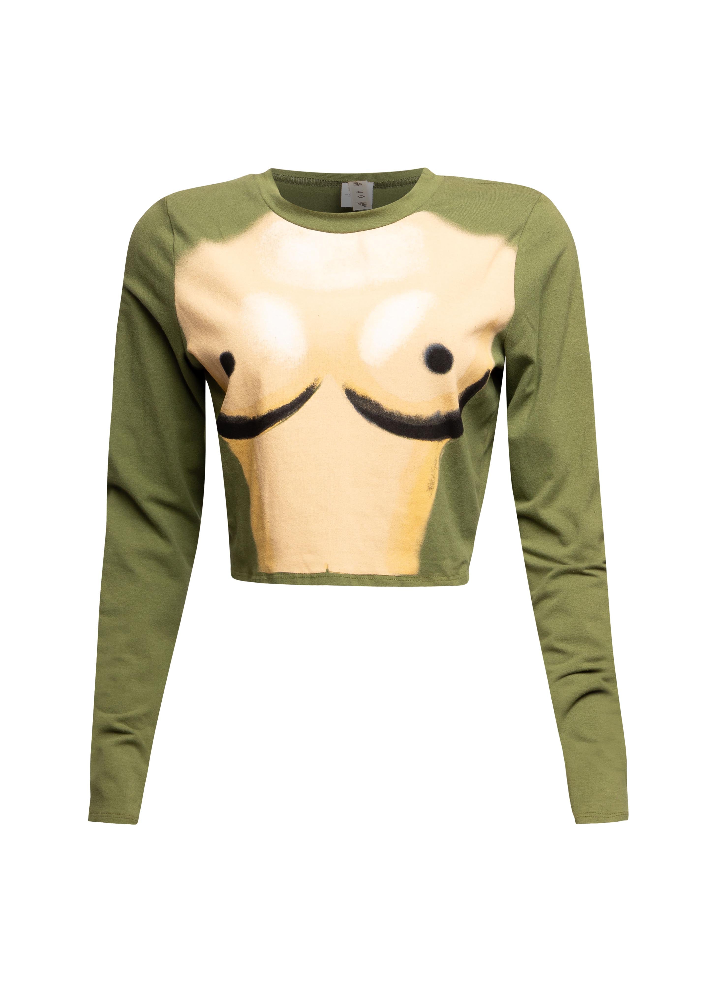 Front view of Bogomore Smiley Cropped Top in beige and olive green with smiley face graphic.