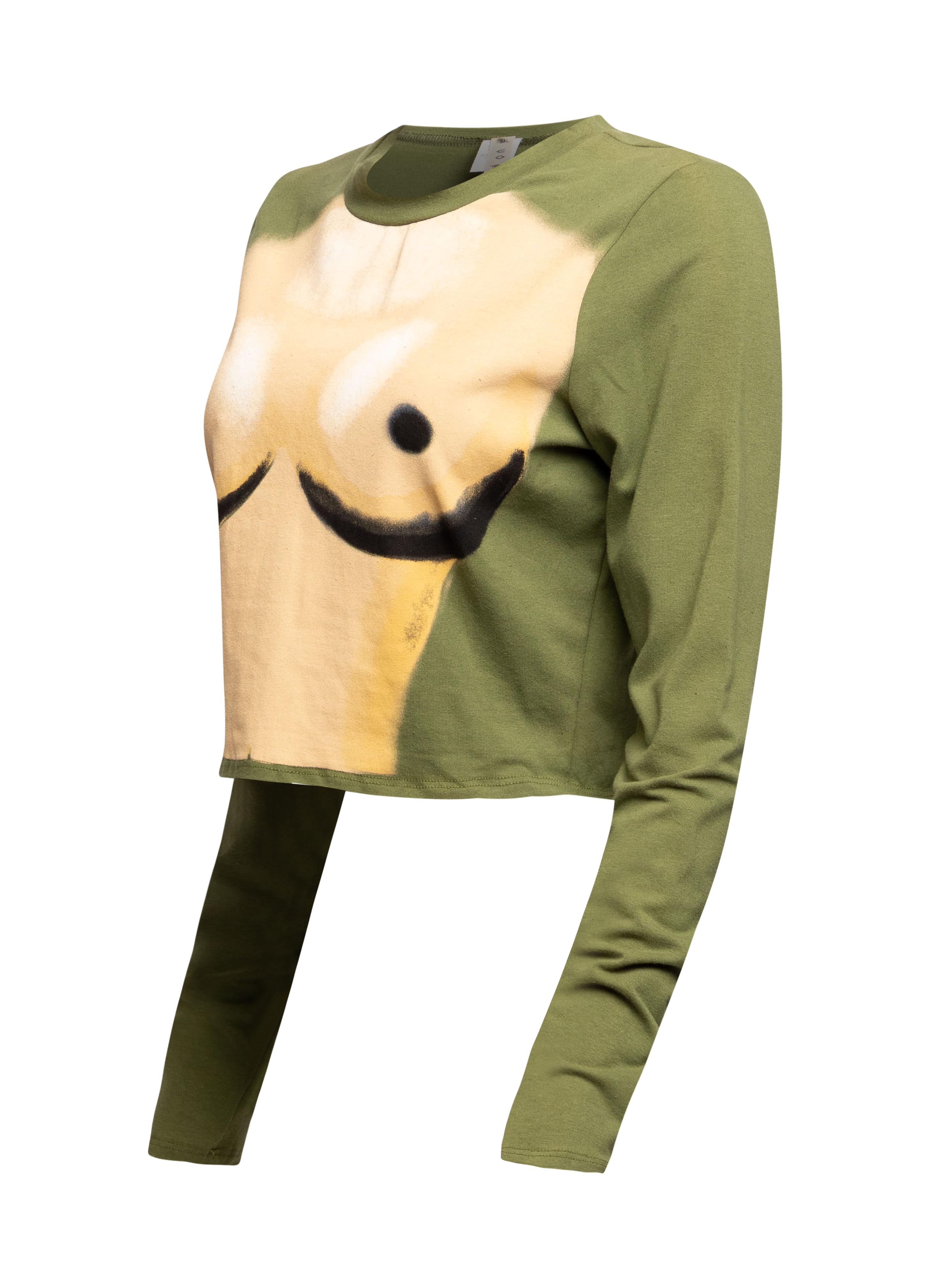 Left side view of Bogomore Smiley Cropped Top showing beige sleeve detail