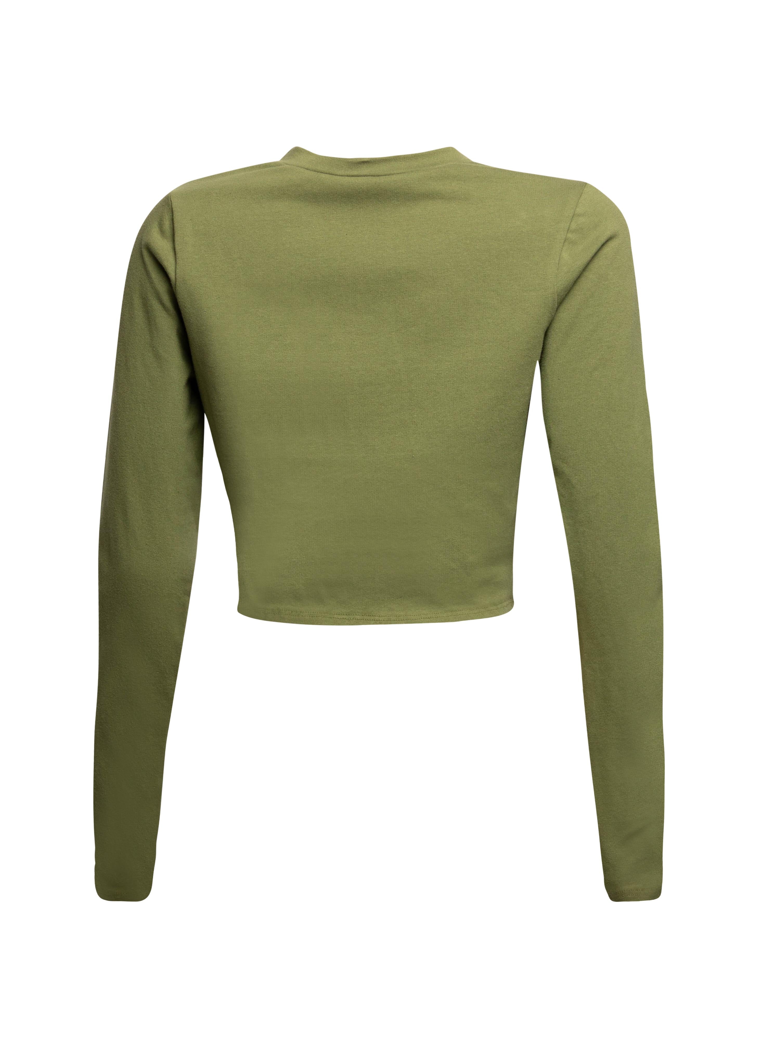 Back view of Bogomore Smiley Cropped Top in olive green.