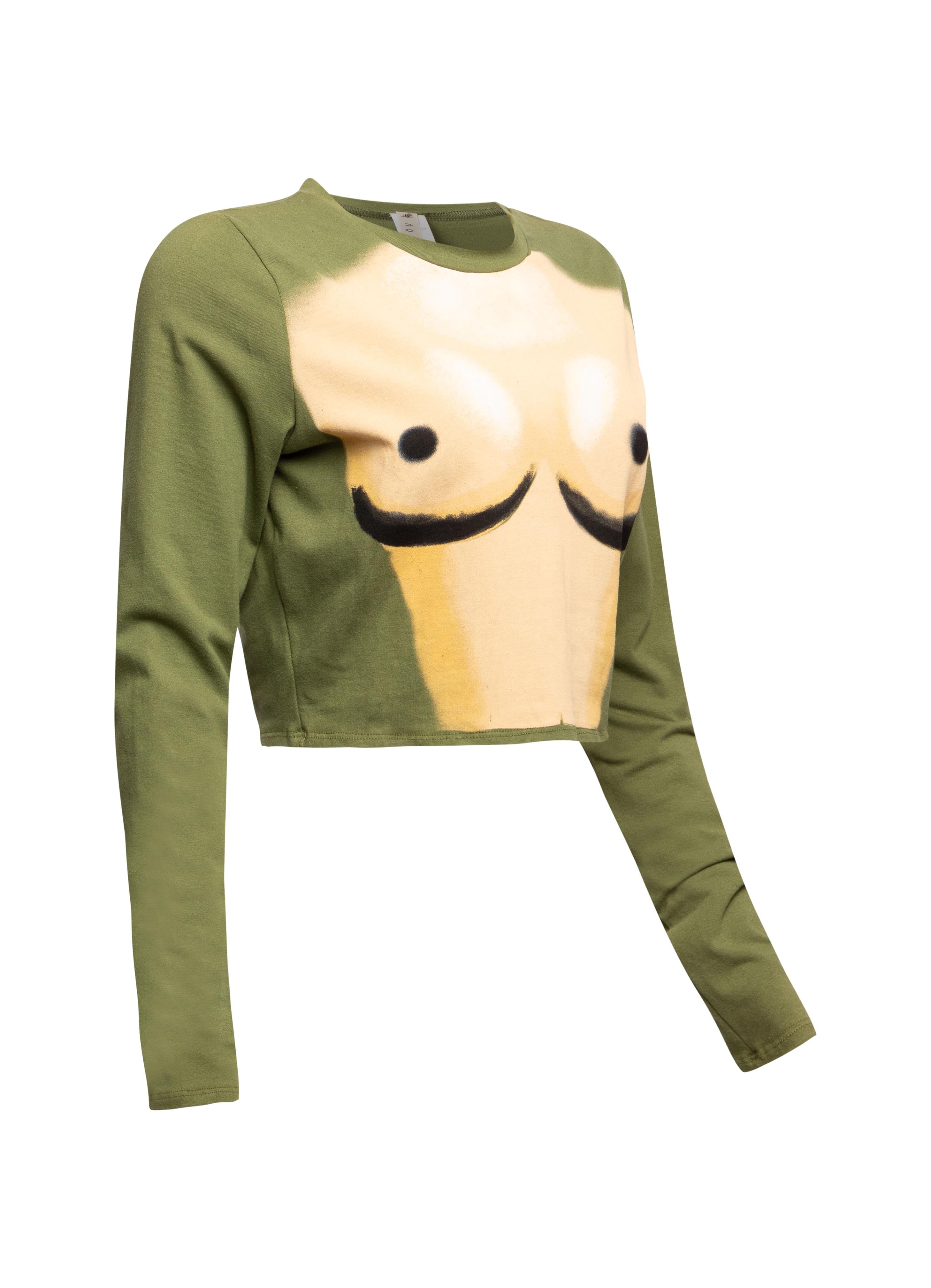 Right side view of Bogomore Smiley Cropped Top with olive green sleeve