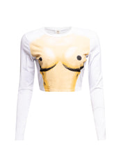 Front view of Bogomore Smiley Cropped Top in beige and olive green with smiley face graphic.