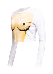 Left side view of Bogomore Smiley Cropped Top showing beige sleeve detail