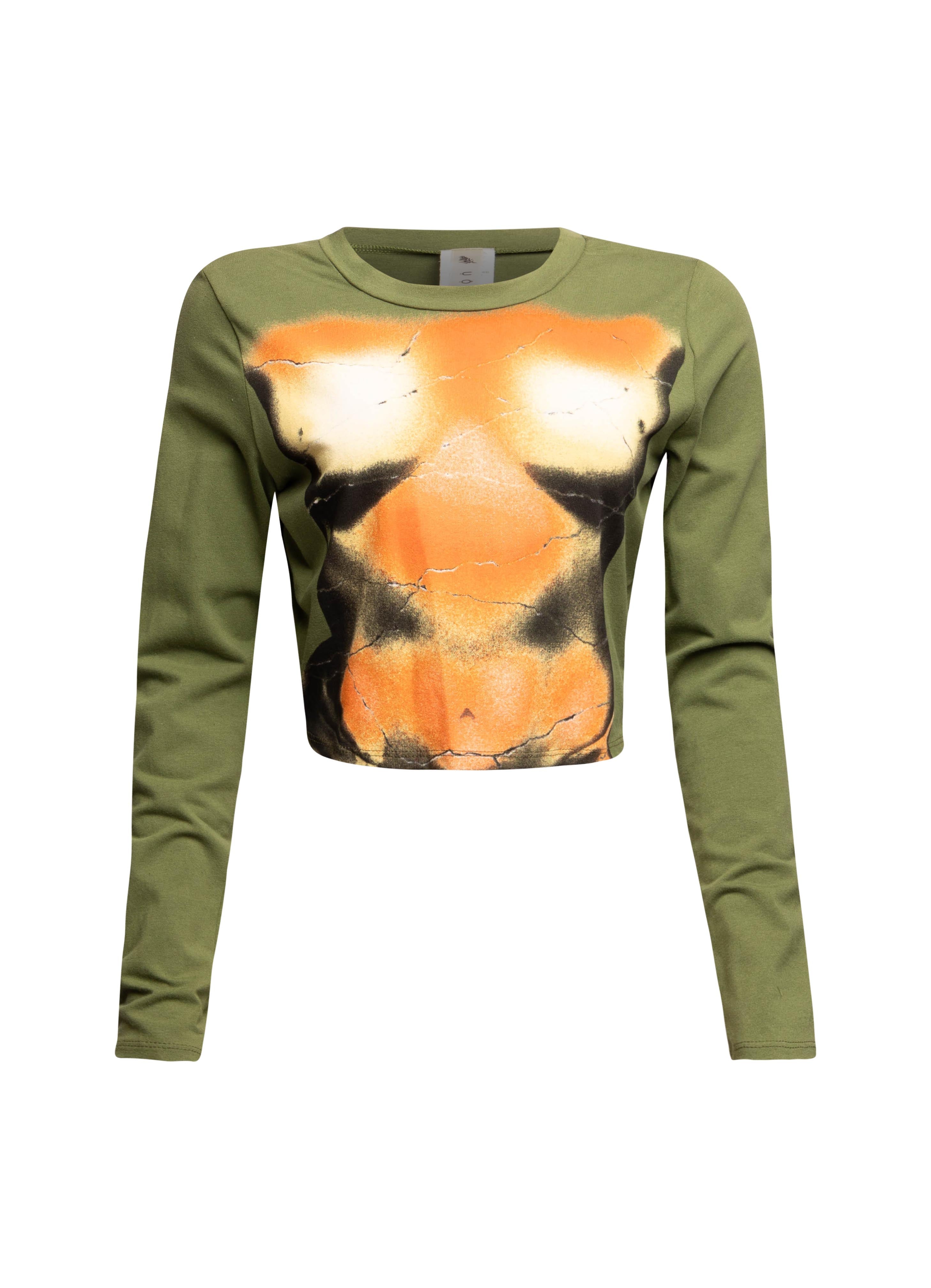 Front view of Bogomore cropped top with orange-black graphic print on olive green fabric