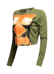 Left side view of Bogomore long-sleeved cropped top highlighting the seamless blend from print to solid color.