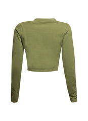 Back view of Bogomore olive green cropped top showcasing its solid color design