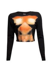 Front view of Bogomore cropped top with orange-black graphic print on olive green fabric