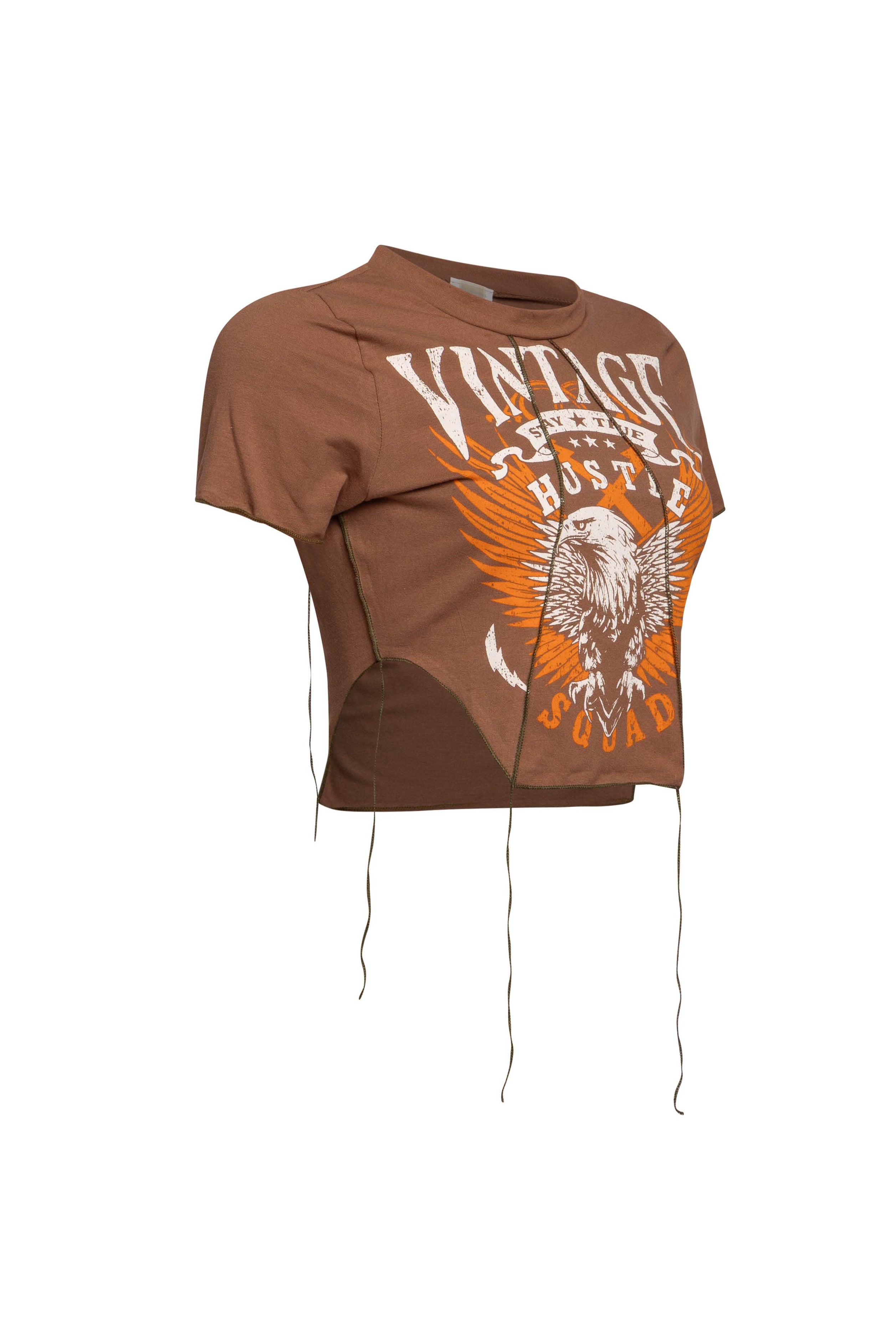 Right side of Vintage Hustle Lace-Up Tee in brown with lace-up accent and cropped fit.