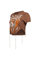 Left side of brown lace-up tee, showcasing side lacing detail and graphic print.