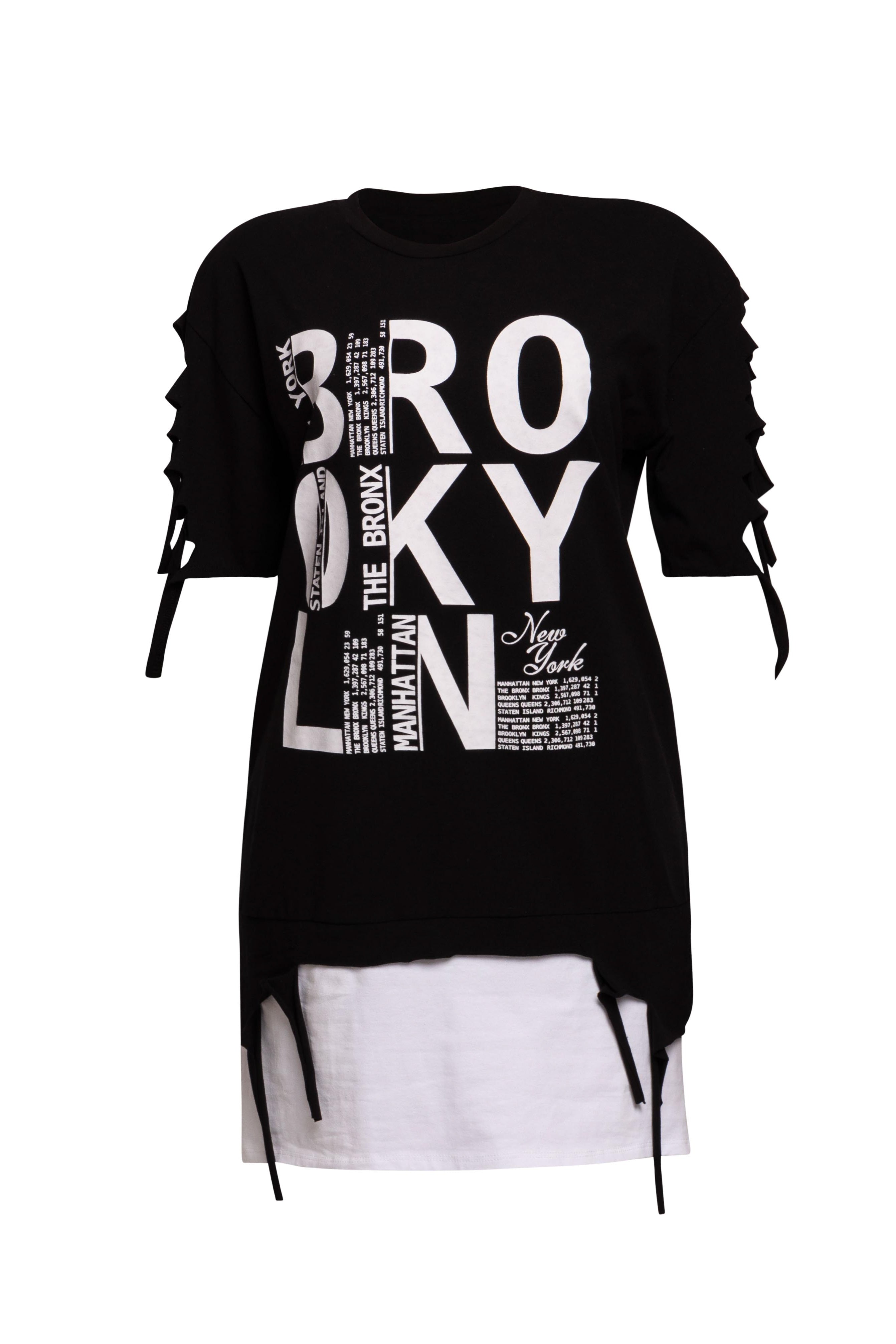 Front view of Bogomore Brooklyn Layered Tee in [color], featuring bold ‘BROOKLYN’ print and side-tie details.