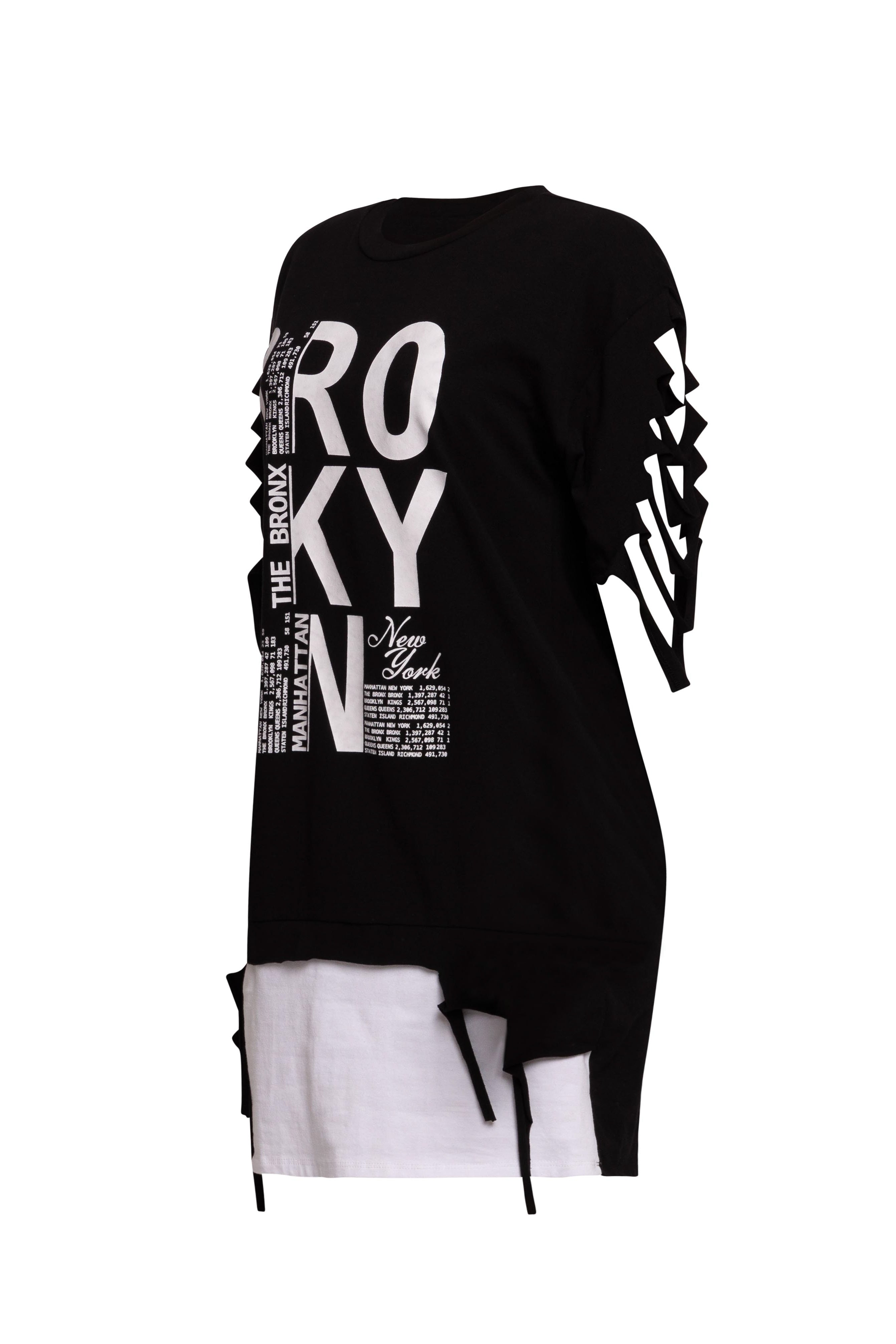 Right side view of Bogomore Brooklyn Layered Tee in [color], displaying side-tie details and bold typography.