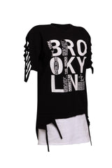 Left side view of Bogomore Brooklyn Layered Tee in [color], highlighting side-tie details and layered underlay