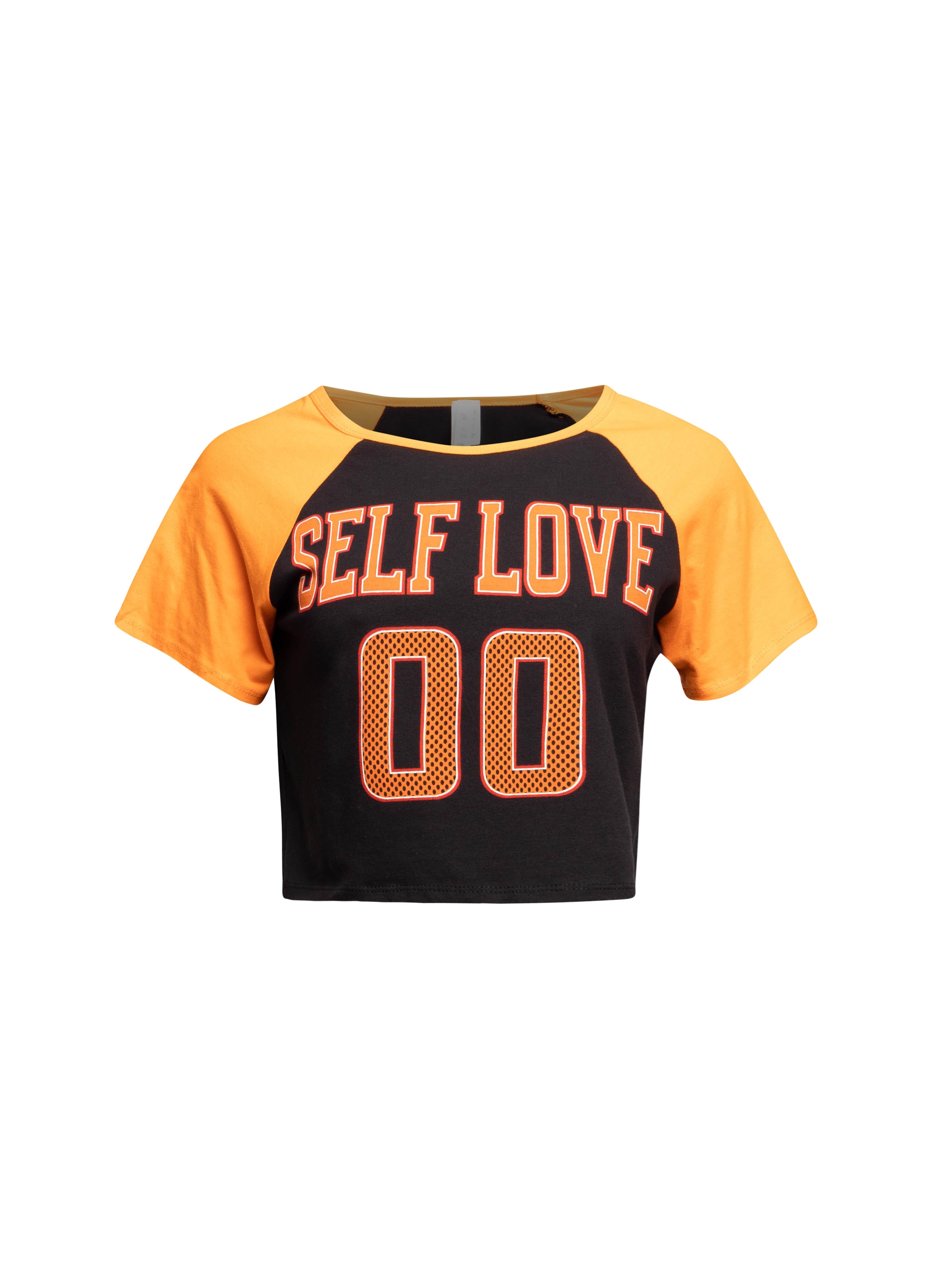  Two-toned ‘Self Love’ cropped t-shirt front view showing slogan.