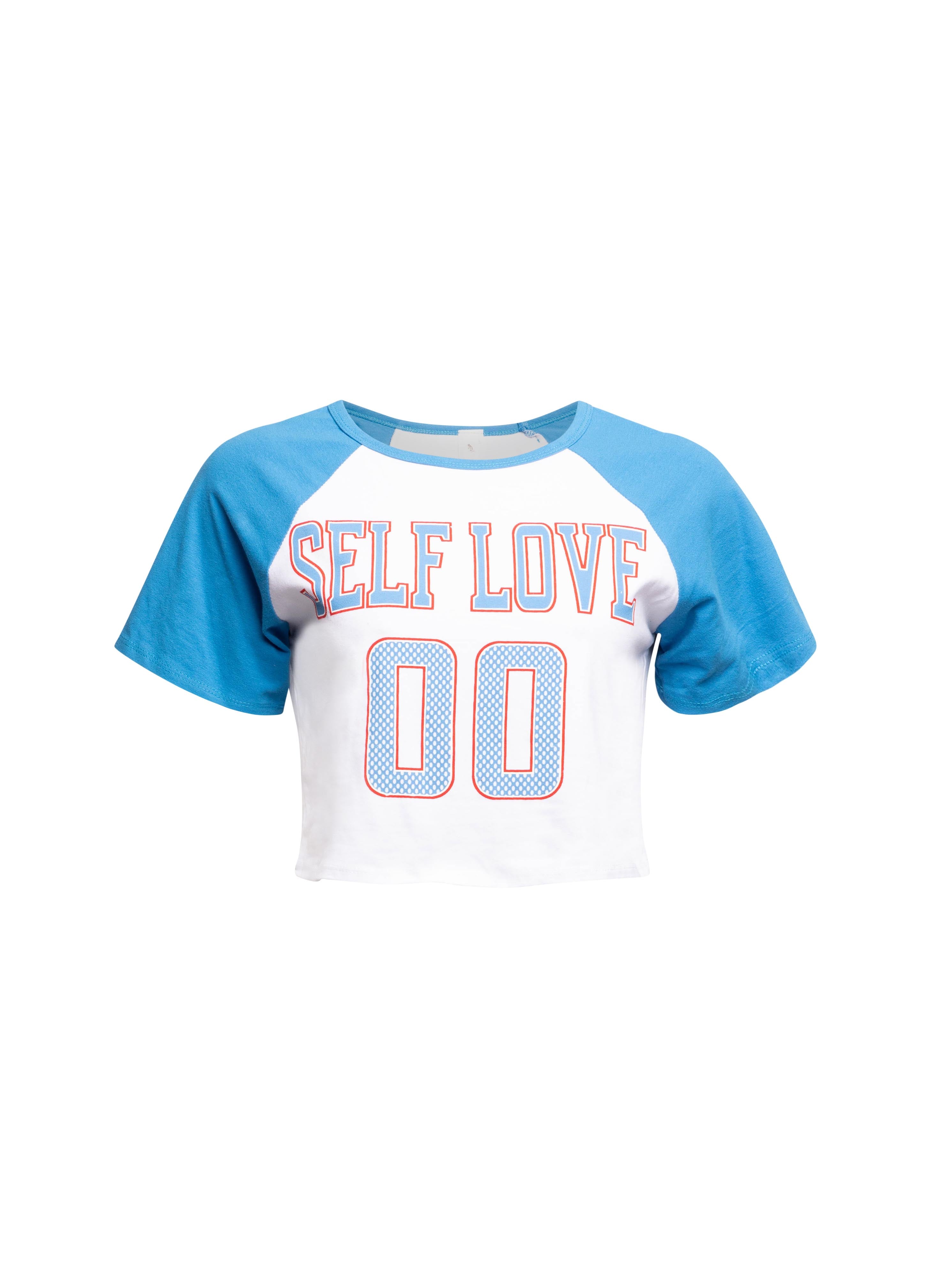  Two-toned ‘Self Love’ cropped t-shirt front view showing slogan.