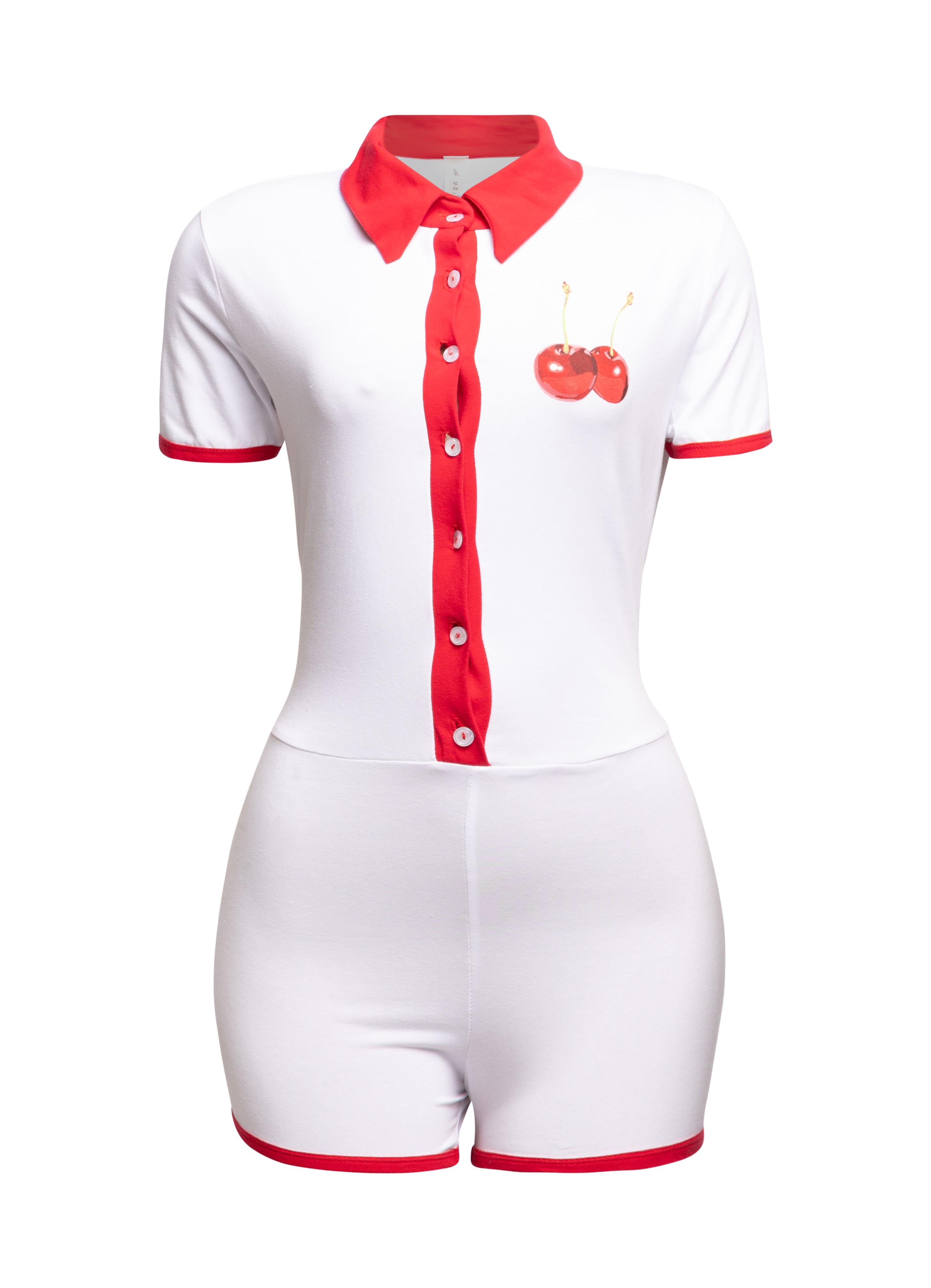 White Bogomore bodysuit with red collar and button details - front view.