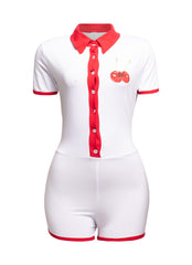 White Bogomore bodysuit with red collar and button details - front view.