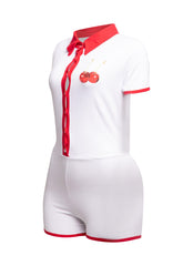 White Bogomore bodysuit with side profile showcasing contrast red collar - left side view.