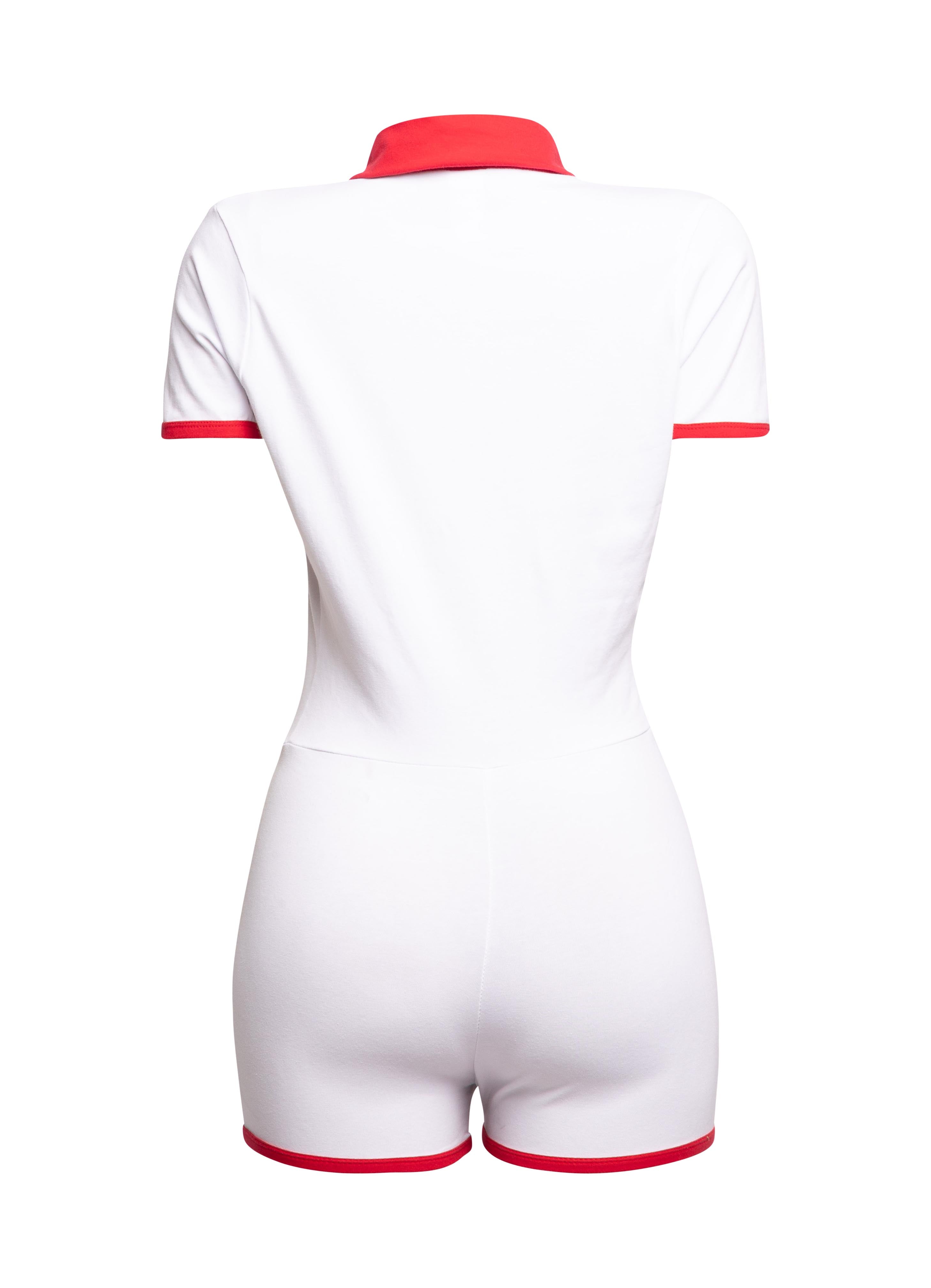 white Bogomore bodysuit with red collar - back view.